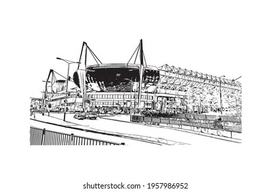 Building view with landmark of Eindhoven is the 
city in the Netherlands. Hand drawn sketch illustration in vector.