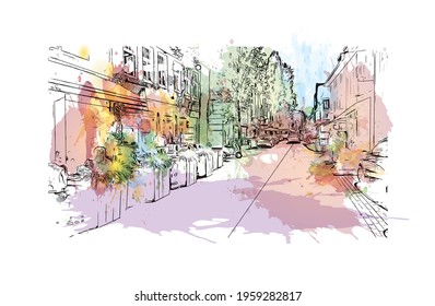 Building view with landmark of Eindhoven is the 
city in the Netherlands. Watercolor splash with hand drawn sketch illustration in vector.