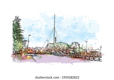 Building view with landmark of Eindhoven is the 
city in the Netherlands. Watercolor splash with hand drawn sketch illustration in vector.