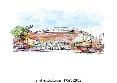 Building view with landmark of Eindhoven is the 
city in the Netherlands. Watercolor splash with hand drawn sketch illustration in vector.