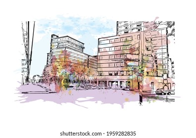 La vista de edificio con el punto de referencia de Eindhoven es el 
ciudad de los Países Bajos. Salto de color de agua con ilustración de esbozo dibujada a mano en vector.