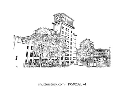 Building view with landmark of Eindhoven is the 
city in the Netherlands. Hand drawn sketch illustration in vector.