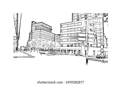 Building view with landmark of Eindhoven is the 
city in the Netherlands. Hand drawn sketch illustration in vector.