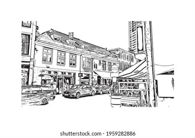 Building view with landmark of Eindhoven is the 
city in the Netherlands. Hand drawn sketch illustration in vector.