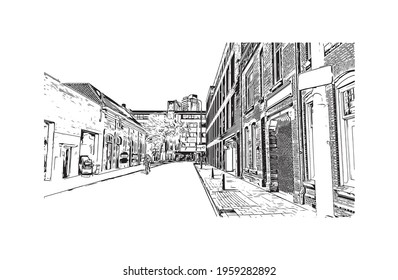 Building view with landmark of Eindhoven is the 
city in the Netherlands. Hand drawn sketch illustration in vector.