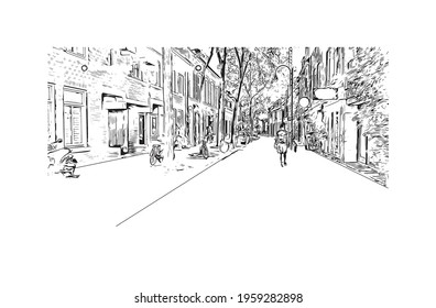 Building view with landmark of Eindhoven is the 
city in the Netherlands. Hand drawn sketch illustration in vector.