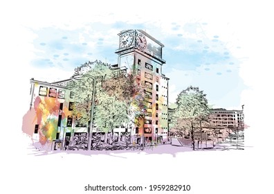 La vista de edificio con el punto de referencia de Eindhoven es el 
ciudad de los Países Bajos. Salto de color de agua con ilustración de esbozo dibujada a mano en vector.
