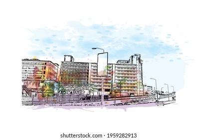 Building view with landmark of Eindhoven is the 
city in the Netherlands. Watercolor splash with hand drawn sketch illustration in vector.