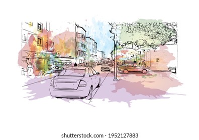 Building view with landmark of El Aaiun is the largest city of  Western Sahara. Watercolour splash with hand drawn sketch illustration in vector.