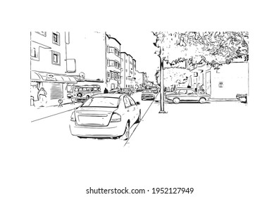 Building view with landmark of El Aaiun is the largest city of  Western Sahara. Hand drawn sketch illustration in vector.