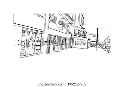 Building view with landmark of El Aaiun is the largest city of  Western Sahara. Hand drawn sketch illustration in vector.