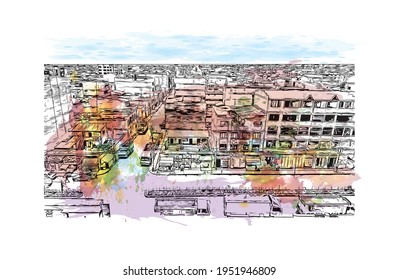 Building view with landmark of El Alto is the 
city in Bolivia. Watercolour splash with hand drawn sketch illustration in vector.