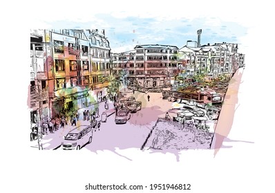 Building view with landmark of El Alto is the 
city in Bolivia. Watercolour splash with hand drawn sketch illustration in vector.