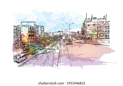 Building view with landmark of El Alto is the 
city in Bolivia. Watercolour splash with hand drawn sketch illustration in vector.