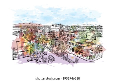 Building view with landmark of El Alto is the 
city in Bolivia. Watercolour splash with hand drawn sketch illustration in vector.