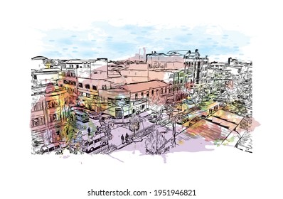 Building view with landmark of El Alto is the 
city in Bolivia. Watercolour splash with hand drawn sketch illustration in vector.