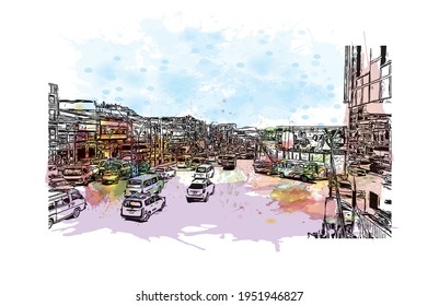 Building view with landmark of El Alto is the 
city in Bolivia. Watercolour splash with hand drawn sketch illustration in vector.