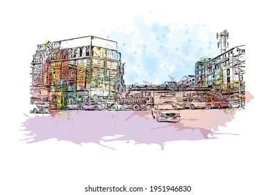 Building view with landmark of El Alto is the 
city in Bolivia. Watercolour splash with hand drawn sketch illustration in vector.