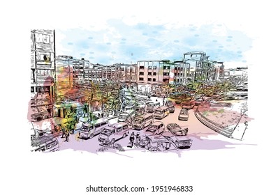 Building view with landmark of El Alto is the 
city in Bolivia. Watercolour splash with hand drawn sketch illustration in vector.