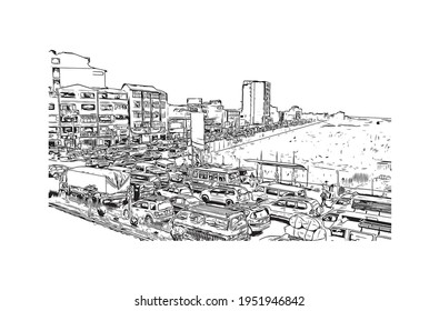 Building view with landmark of El Alto is the 
city in Bolivia. Hand drawn sketch illustration in vector.