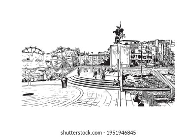 Building view with landmark of El Alto is the 
city in Bolivia. Hand drawn sketch illustration in vector.