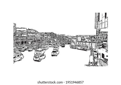 Building view with landmark of El Alto is the 
city in Bolivia. Hand drawn sketch illustration in vector.