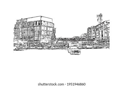 Building view with landmark of El Alto is the 
city in Bolivia. Hand drawn sketch illustration in vector.