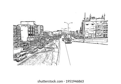 Building view with landmark of El Alto is the 
city in Bolivia. Hand drawn sketch illustration in vector.