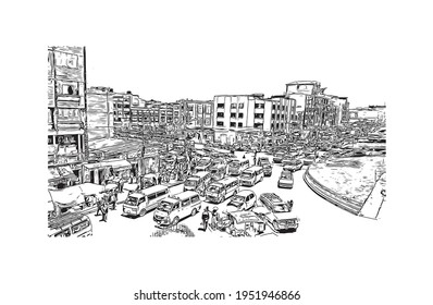 Building view with landmark of El Alto is the 
city in Bolivia. Hand drawn sketch illustration in vector.