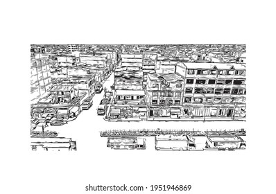 Building view with landmark of El Alto is the 
city in Bolivia. Hand drawn sketch illustration in vector.