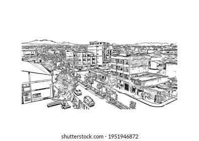 Building view with landmark of El Alto is the 
city in Bolivia. Hand drawn sketch illustration in vector.