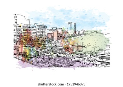 Building view with landmark of El Alto is the 
city in Bolivia. Watercolour splash with hand drawn sketch illustration in vector.