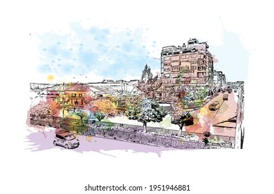 Building view with landmark of El Alto is the 
city in Bolivia. Watercolour splash with hand drawn sketch illustration in vector.