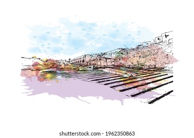 Building view with landmark of El Jadida is the 
city in Morocco. Watercolor splash with hand drawn sketch illustration in vector.