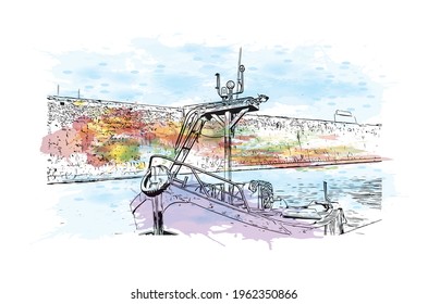 Building view with landmark of El Jadida is the 
city in Morocco. Watercolor splash with hand drawn sketch illustration in vector.