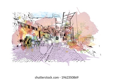 Building view with landmark of El Jadida is the 
city in Morocco. Watercolor splash with hand drawn sketch illustration in vector.