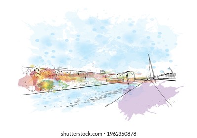 Building view with landmark of El Jadida is the 
city in Morocco. Watercolor splash with hand drawn sketch illustration in vector.