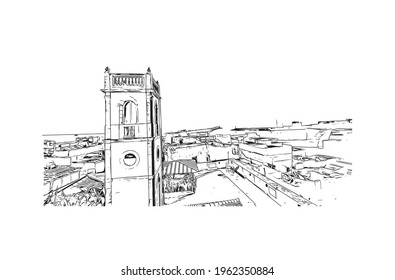 Building view with landmark of El Jadida is the 
city in Morocco. Hand drawn sketch illustration in vector.