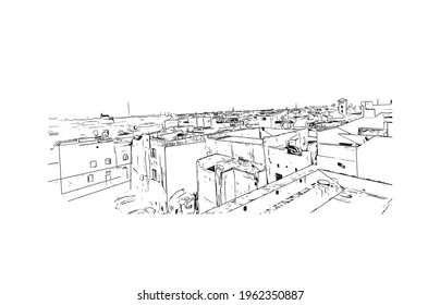 Building view with landmark of El Jadida is the 
city in Morocco. Hand drawn sketch illustration in vector.