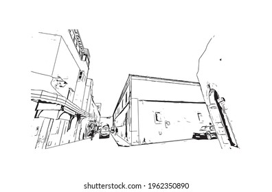 Building view with landmark of El Jadida is the 
city in Morocco. Hand drawn sketch illustration in vector.