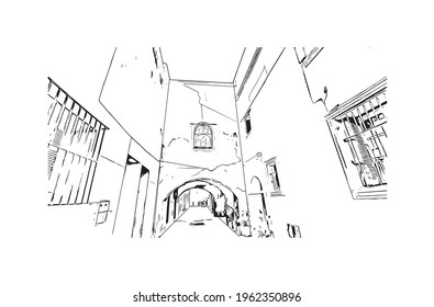 Building view with landmark of El Jadida is the 
city in Morocco. Hand drawn sketch illustration in vector.