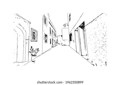 Building view with landmark of El Jadida is the 
city in Morocco. Hand drawn sketch illustration in vector.
