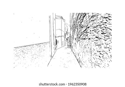 Building view with landmark of El Jadida is the 
city in Morocco. Hand drawn sketch illustration in vector.