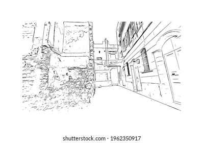 Building view with landmark of El Jadida is the 
city in Morocco. Hand drawn sketch illustration in vector.