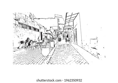 Building view with landmark of El Jadida is the 
city in Morocco. Hand drawn sketch illustration in vector.