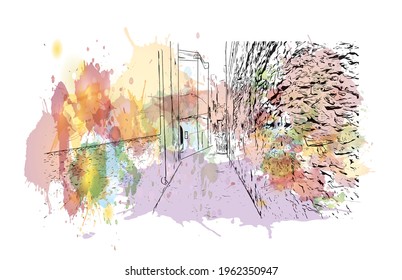 Building view with landmark of El Jadida is the 
city in Morocco. Watercolor splash with hand drawn sketch illustration in vector.