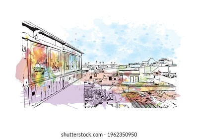 Building view with landmark of El Jadida is the 
city in Morocco. Watercolor splash with hand drawn sketch illustration in vector.