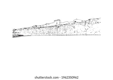 Building view with landmark of El Jadida is the 
city in Morocco. Hand drawn sketch illustration in vector.