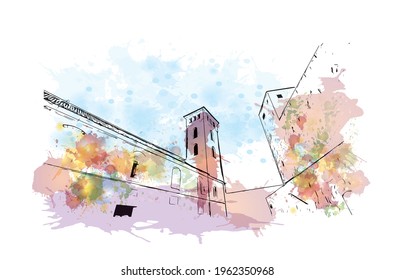 Building view with landmark of El Jadida is the 
city in Morocco. Watercolor splash with hand drawn sketch illustration in vector.