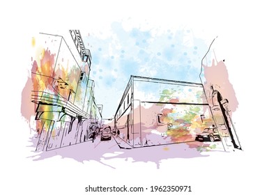 Building view with landmark of El Jadida is the 
city in Morocco. Watercolor splash with hand drawn sketch illustration in vector.